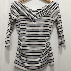 White House Black Market Black, Grey and White Striped 3/4 Sleeve Top